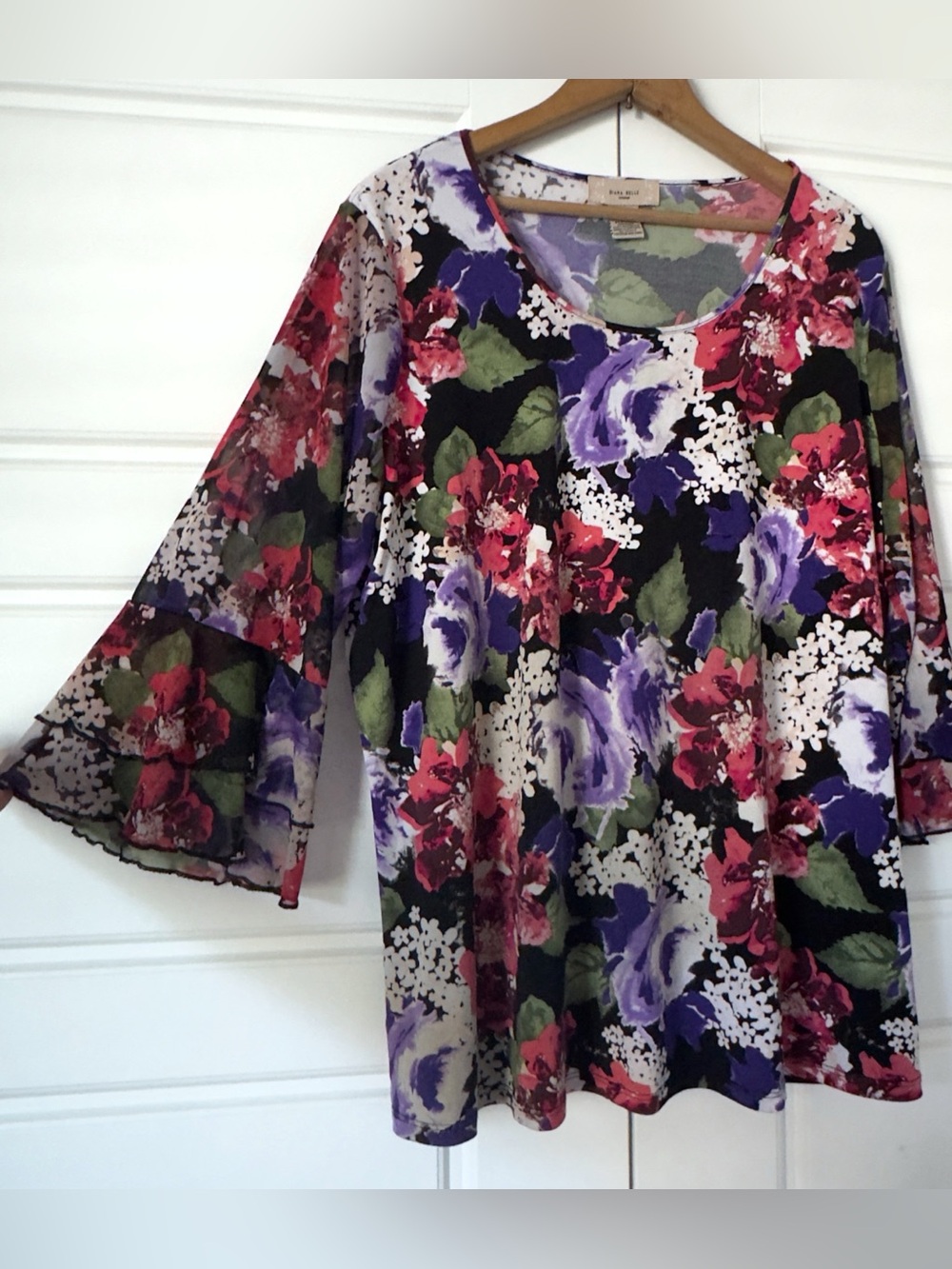 Diana Belle Floral Tunic Top 2X Bell Sleeves Mesh Sheer Vibrant Garden Blouse